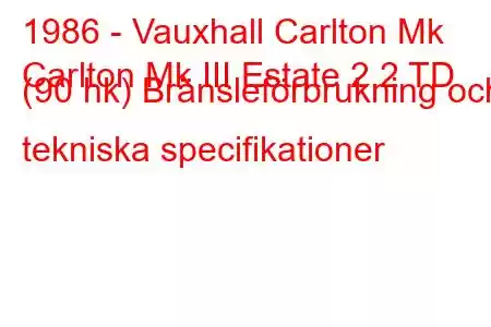 1986 - Vauxhall Carlton Mk
Carlton Mk III Estate 2.2 TD (90 hk) Bränsleförbrukning och tekniska specifikationer