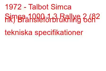 1972 - Talbot Simca
Simca 1000 1.3 Rallye 2 (82 hk) Bränsleförbrukning och tekniska specifikationer