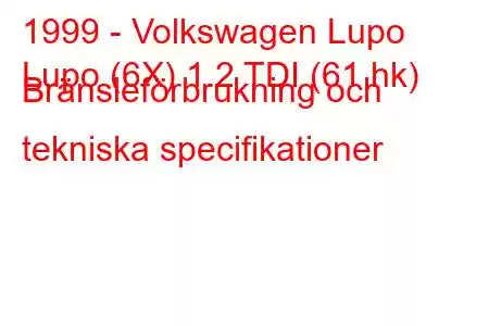 1999 - Volkswagen Lupo
Lupo (6X) 1.2 TDI (61 hk) Bränsleförbrukning och tekniska specifikationer