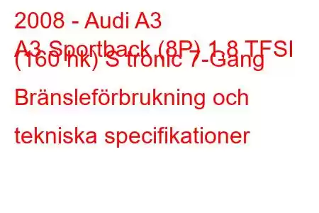 2008 - Audi A3
A3 Sportback (8P) 1,8 TFSI (160 hk) S tronic 7-Gang Bränsleförbrukning och tekniska specifikationer