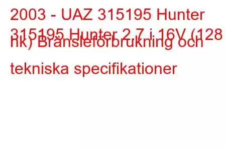 2003 - UAZ 315195 Hunter
315195 Hunter 2.7 i 16V (128 hk) Bränsleförbrukning och tekniska specifikationer