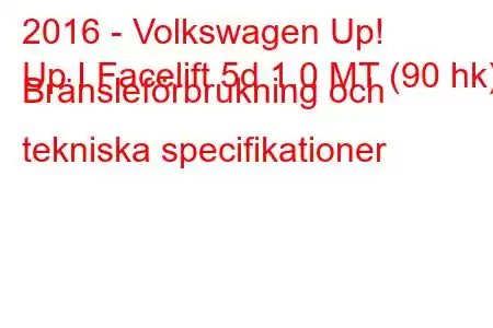 2016 - Volkswagen Up!
Up I Facelift 5d 1.0 MT (90 hk) Bränsleförbrukning och tekniska specifikationer