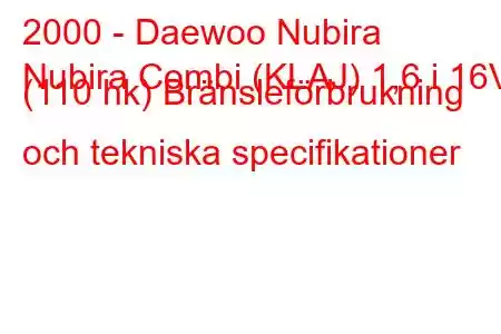 2000 - Daewoo Nubira
Nubira Combi (KLAJ) 1,6 i 16V (110 hk) Bränsleförbrukning och tekniska specifikationer