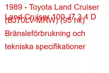 1989 - Toyota Land Cruiser
Land Cruiser 100 J7 3.4 D (BJ70LV-MRW) (95 hk) Bränsleförbrukning och tekniska specifikationer