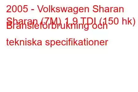 2005 - Volkswagen Sharan
Sharan (7M) 1,9 TDI (150 hk) Bränsleförbrukning och tekniska specifikationer