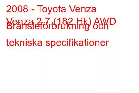 2008 - Toyota Venza
Venza 2.7 (182 Hk) AWD Bränsleförbrukning och tekniska specifikationer