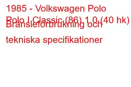 1985 - Volkswagen Polo
Polo I Classic (86) 1.0 (40 hk) Bränsleförbrukning och tekniska specifikationer