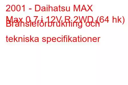 2001 - Daihatsu MAX
Max 0,7 i 12V R 2WD (64 hk) Bränsleförbrukning och tekniska specifikationer