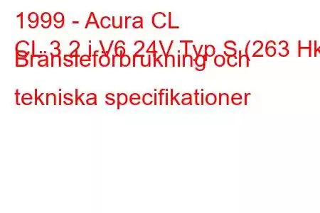 1999 - Acura CL
CL 3.2 i V6 24V Typ S (263 Hk) Bränsleförbrukning och tekniska specifikationer