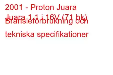 2001 - Proton Juara
Juara 1.1 i 16V (71 hk) Bränsleförbrukning och tekniska specifikationer