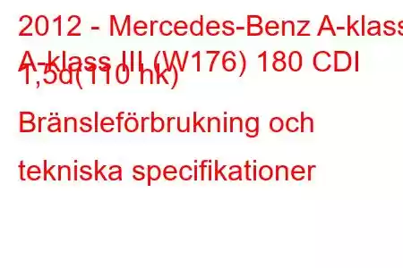 2012 - Mercedes-Benz A-klass
A-klass III (W176) 180 CDI 1,5d(110 hk) Bränsleförbrukning och tekniska specifikationer