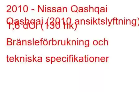 2010 - Nissan Qashqai
Qashqai (2010 ansiktslyftning) 1,6 dCi (130 hk) Bränsleförbrukning och tekniska specifikationer