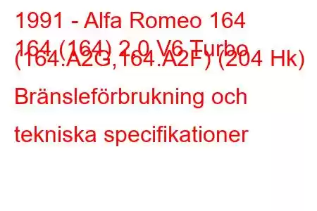 1991 - Alfa Romeo 164
164 (164) 2.0 V6 Turbo (164.A2G,164.A2F) (204 Hk) Bränsleförbrukning och tekniska specifikationer