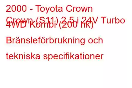 2000 - Toyota Crown
Crown (S11) 2,5 i 24V Turbo 4WD Kombi (200 hk) Bränsleförbrukning och tekniska specifikationer