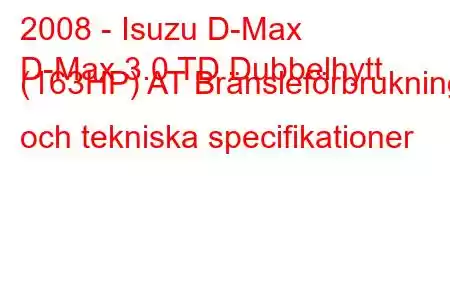 2008 - Isuzu D-Max
D-Max 3.0 TD Dubbelhytt (163HP) AT Bränsleförbrukning och tekniska specifikationer