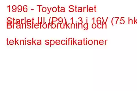 1996 - Toyota Starlet
Starlet III (P9) 1,3 i 16V (75 hk) Bränsleförbrukning och tekniska specifikationer