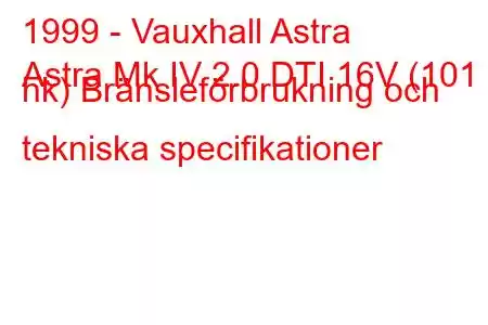 1999 - Vauxhall Astra
Astra Mk IV 2.0 DTI 16V (101 hk) Bränsleförbrukning och tekniska specifikationer