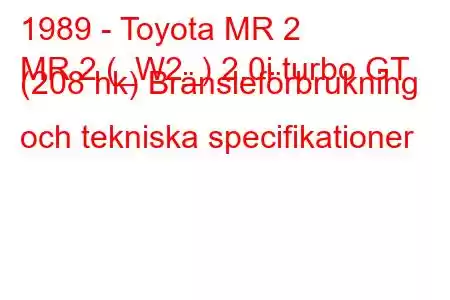 1989 - Toyota MR 2
MR 2 (_W2_) 2.0i turbo GT (208 hk) Bränsleförbrukning och tekniska specifikationer