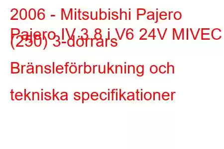 2006 - Mitsubishi Pajero
Pajero IV 3.8 i V6 24V MIVEC (250) 3-dörrars Bränsleförbrukning och tekniska specifikationer