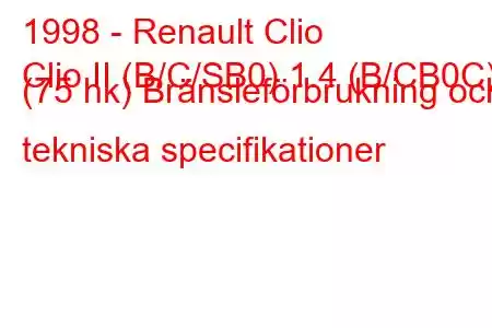 1998 - Renault Clio
Clio II (B/C/SB0) 1.4 (B/CB0C) (75 hk) Bränsleförbrukning och tekniska specifikationer