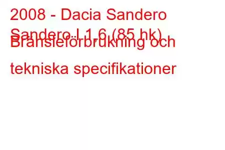 2008 - Dacia Sandero
Sandero I 1,6 (85 hk) Bränsleförbrukning och tekniska specifikationer