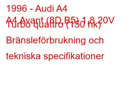 1996 - Audi A4
A4 Avant (8D,B5) 1,8 20V Turbo quattro (150 hk) Bränsleförbrukning och tekniska specifikationer