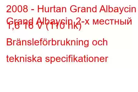 2008 - Hurtan Grand Albaycin
Grand Albaycin 2-х местный 1,6 16 V (110 hk) Bränsleförbrukning och tekniska specifikationer