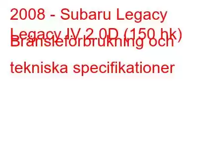 2008 - Subaru Legacy
Legacy IV 2.0D (150 hk) Bränsleförbrukning och tekniska specifikationer