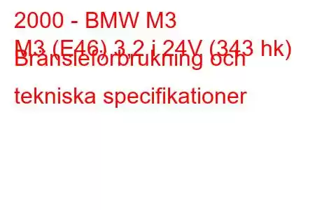 2000 - BMW M3
M3 (E46) 3,2 i 24V (343 hk) Bränsleförbrukning och tekniska specifikationer