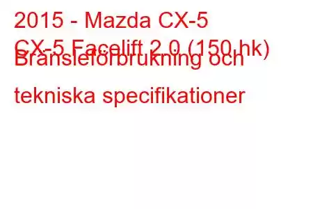 2015 - Mazda CX-5
CX-5 Facelift 2.0 (150 hk) Bränsleförbrukning och tekniska specifikationer