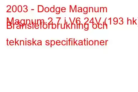 2003 - Dodge Magnum
Magnum 2.7 i V6 24V (193 hk) Bränsleförbrukning och tekniska specifikationer