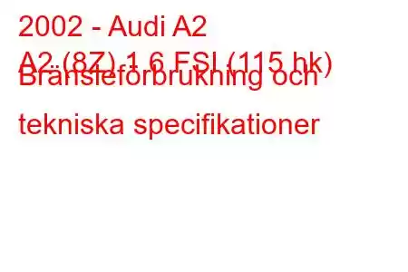 2002 - Audi A2
A2 (8Z) 1,6 FSI (115 hk) Bränsleförbrukning och tekniska specifikationer