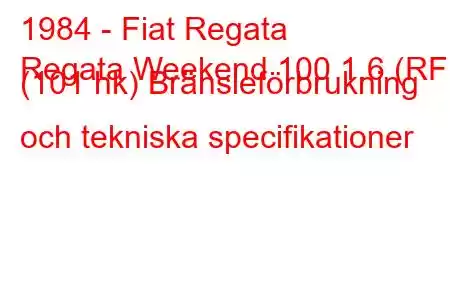 1984 - Fiat Regata
Regata Weekend 100 1.6 (RF) (101 hk) Bränsleförbrukning och tekniska specifikationer