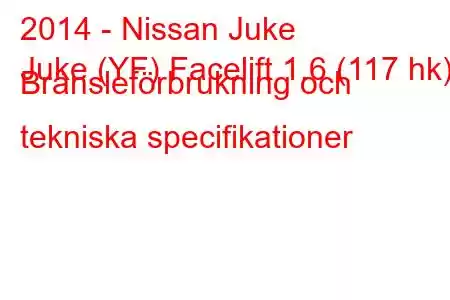 2014 - Nissan Juke
Juke (YF) Facelift 1.6 (117 hk) Bränsleförbrukning och tekniska specifikationer