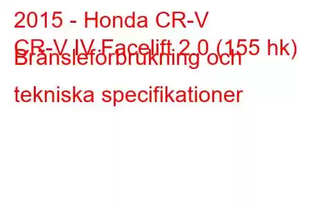 2015 - Honda CR-V
CR-V IV Facelift 2.0 (155 hk) Bränsleförbrukning och tekniska specifikationer