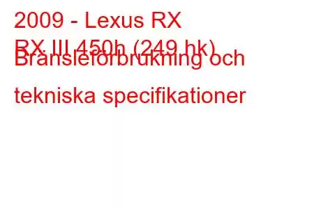 2009 - Lexus RX
RX III 450h (249 hk) Bränsleförbrukning och tekniska specifikationer