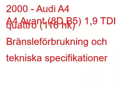 2000 - Audi A4
A4 Avant (8D,B5) 1,9 TDI quattro (116 hk) Bränsleförbrukning och tekniska specifikationer