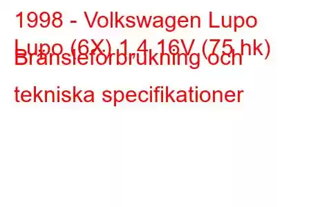 1998 - Volkswagen Lupo
Lupo (6X) 1,4 16V (75 hk) Bränsleförbrukning och tekniska specifikationer