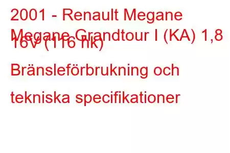 2001 - Renault Megane
Megane Grandtour I (KA) 1,8 16V (116 hk) Bränsleförbrukning och tekniska specifikationer