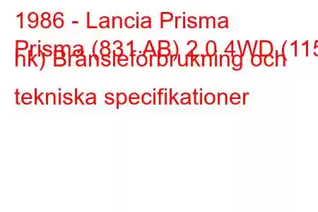 1986 - Lancia Prisma
Prisma (831 AB) 2.0 4WD (115 hk) Bränsleförbrukning och tekniska specifikationer