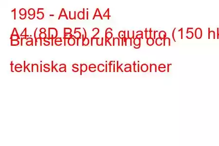 1995 - Audi A4
A4 (8D,B5) 2,6 quattro (150 hk) Bränsleförbrukning och tekniska specifikationer