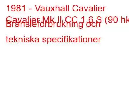 1981 - Vauxhall Cavalier
Cavalier Mk II CC 1.6 S (90 hk) Bränsleförbrukning och tekniska specifikationer