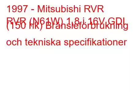 1997 - Mitsubishi RVR
RVR (N61W) 1,8 i 16V GDI (150 hk) Bränsleförbrukning och tekniska specifikationer