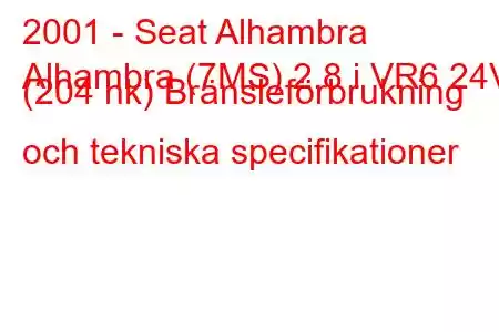 2001 - Seat Alhambra
Alhambra (7MS) 2.8 i VR6 24V (204 hk) Bränsleförbrukning och tekniska specifikationer