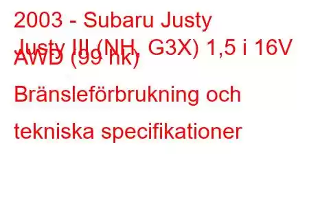 2003 - Subaru Justy
Justy III (NH, G3X) 1,5 i 16V AWD (99 hk) Bränsleförbrukning och tekniska specifikationer