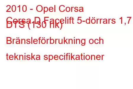 2010 - Opel Corsa
Corsa D Facelift 5-dörrars 1,7 DTS (130 hk) Bränsleförbrukning och tekniska specifikationer