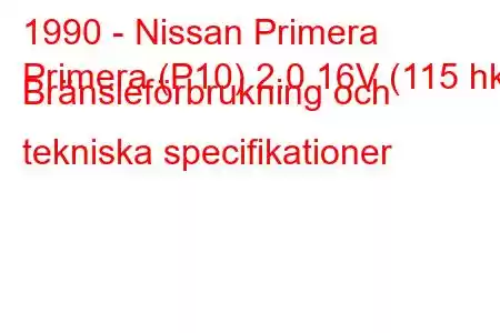 1990 - Nissan Primera
Primera (P10) 2.0 16V (115 hk) Bränsleförbrukning och tekniska specifikationer