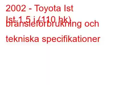 2002 - Toyota Ist
Ist 1,5 i (110 hk) bränsleförbrukning och tekniska specifikationer