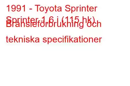 1991 - Toyota Sprinter
Sprinter 1,6 i (115 hk) Bränsleförbrukning och tekniska specifikationer