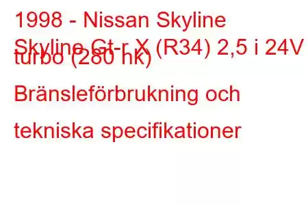 1998 - Nissan Skyline
Skyline Gt-r X (R34) 2,5 i 24V turbo (280 hk) Bränsleförbrukning och tekniska specifikationer